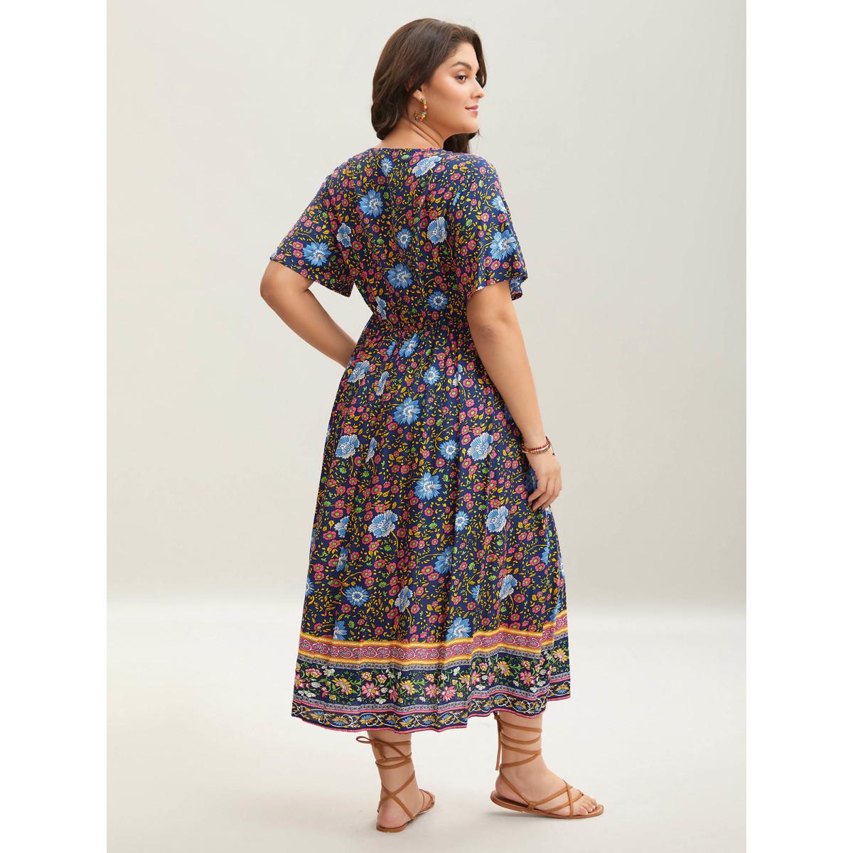 Plus Size Rayon Floral Print Stretchy Waist Midi Dress Indigo Women Slit Overlap Collar Short sleeve Curvy BloomChic 22-24/3X Product Image