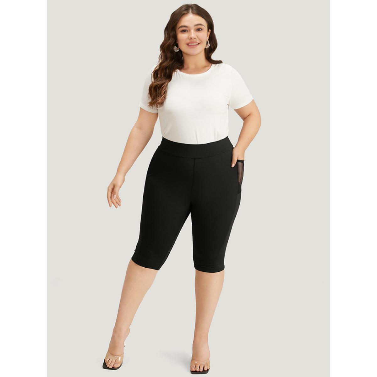 Plus Size Skinny Wideband Waist Mesh Patchwork Pocket Leggings Women Black Elegant High stretch Skinny High Rise Dailywear Leggings BloomChic 28/5X Product Image