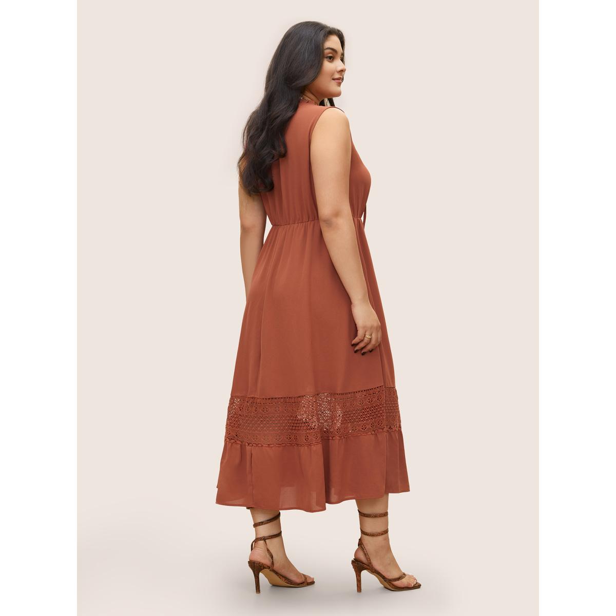 Plus Size Lace Panel Tie Neck Frill Trim Tank Dress Rust Women Resort Non V-neck Sleeveless Curvy Midi Dress BloomChic 30/6X Product Image