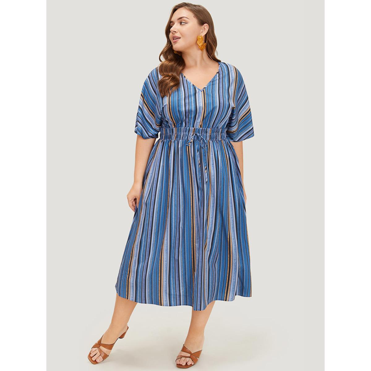 Plus Size Striped Contrast Pocket Knot Shirred Batwing Sleeve Dress Indigo Women Vacation Gathered V-neck Short sleeve Curvy Midi Dress BloomChic 22-24/3X Product Image