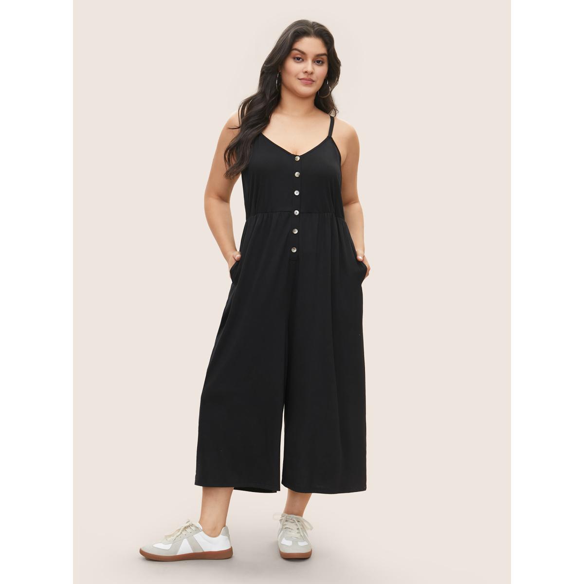 Plus Size Black Solid Button Detail Gathered Jumpsuit Women Casual Sleeveless Non Everyday Loose Jumpsuits BloomChic 30/6X Product Image