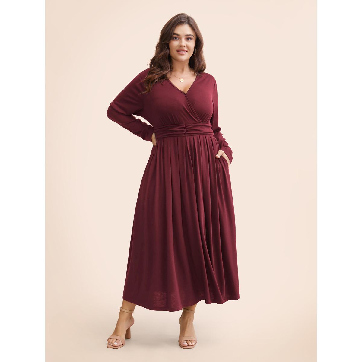 Plus Size Supersoft Essentials Ruched Wrap Pleated Hem Dress DimGray Women Casual Non Overlap Collar Long Sleeve Curvy Midi Dress BloomChic 26/4X Product Image