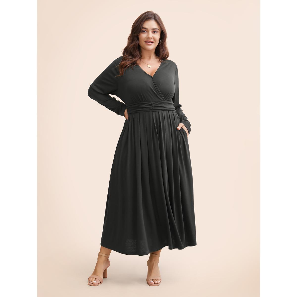 Plus Size Supersoft Essentials Ruched Wrap Pleated Hem Dress DimGray Women Casual Non Overlap Collar Long Sleeve Curvy Midi Dress BloomChic 26/4X Product Image