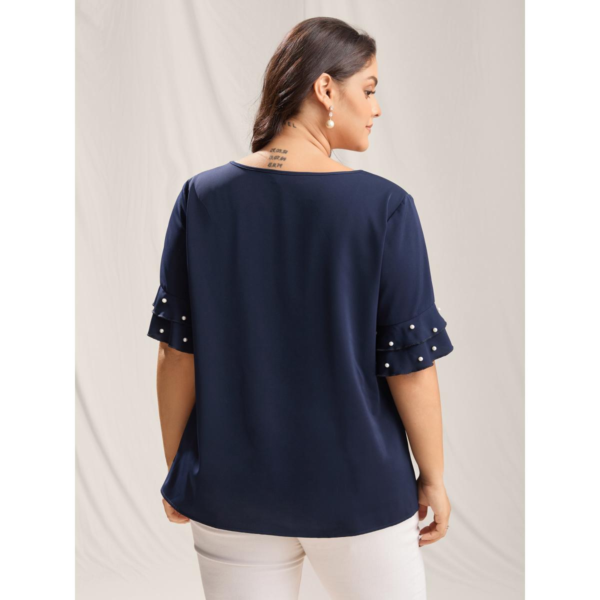 Plus Size Indigo Beaded Layered Sleeve Plain Blouse Women Timeless Short sleeve V-neck Elegant Blouses BloomChic 10/M Product Image