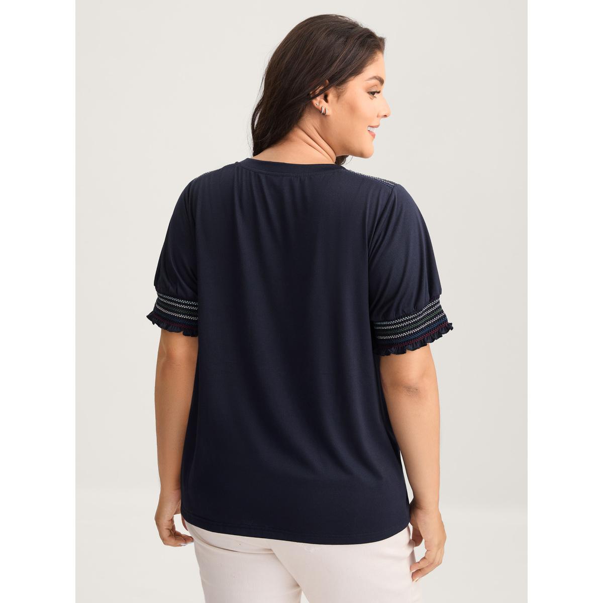 Plus Size Stretchy Colorful Spliced Shirred T-Shirt Midnight Women Leisure Shirred V-neck Casual T-shirts BloomChic 18-20/2X Product Image