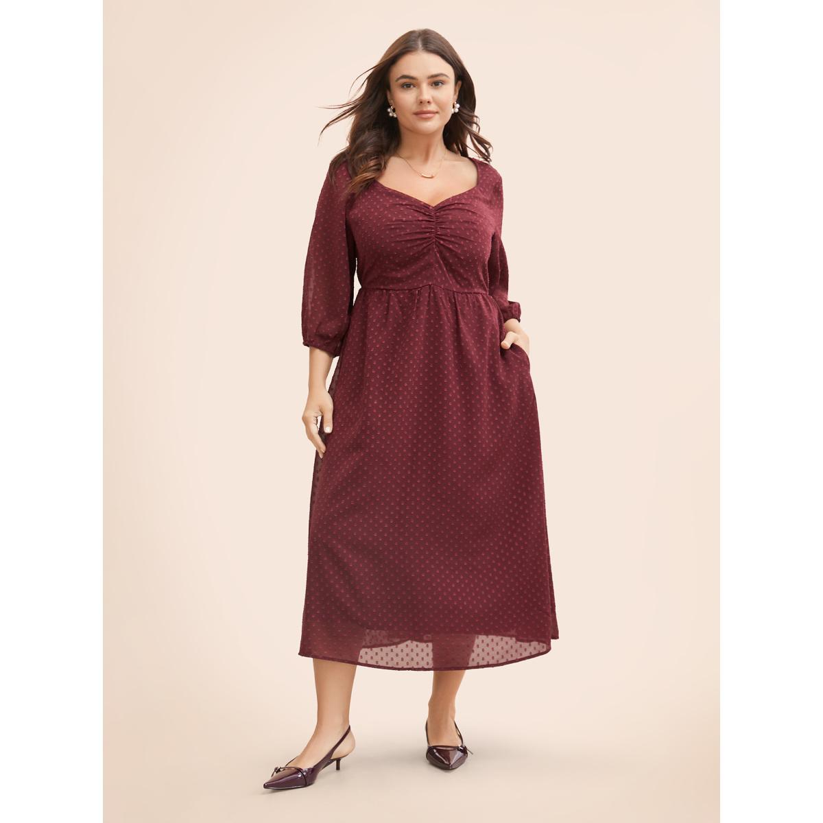 Plus Size Plain Textured Ruched Lantern Sleeve Dress Scarlet Women Elegant Heart neckline Elbow-length sleeve Curvy BloomChic 26/4X Product Image