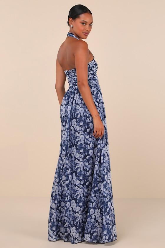 Illustrious Aura Navy Blue Floral Pleated Halter Maxi Dress Product Image