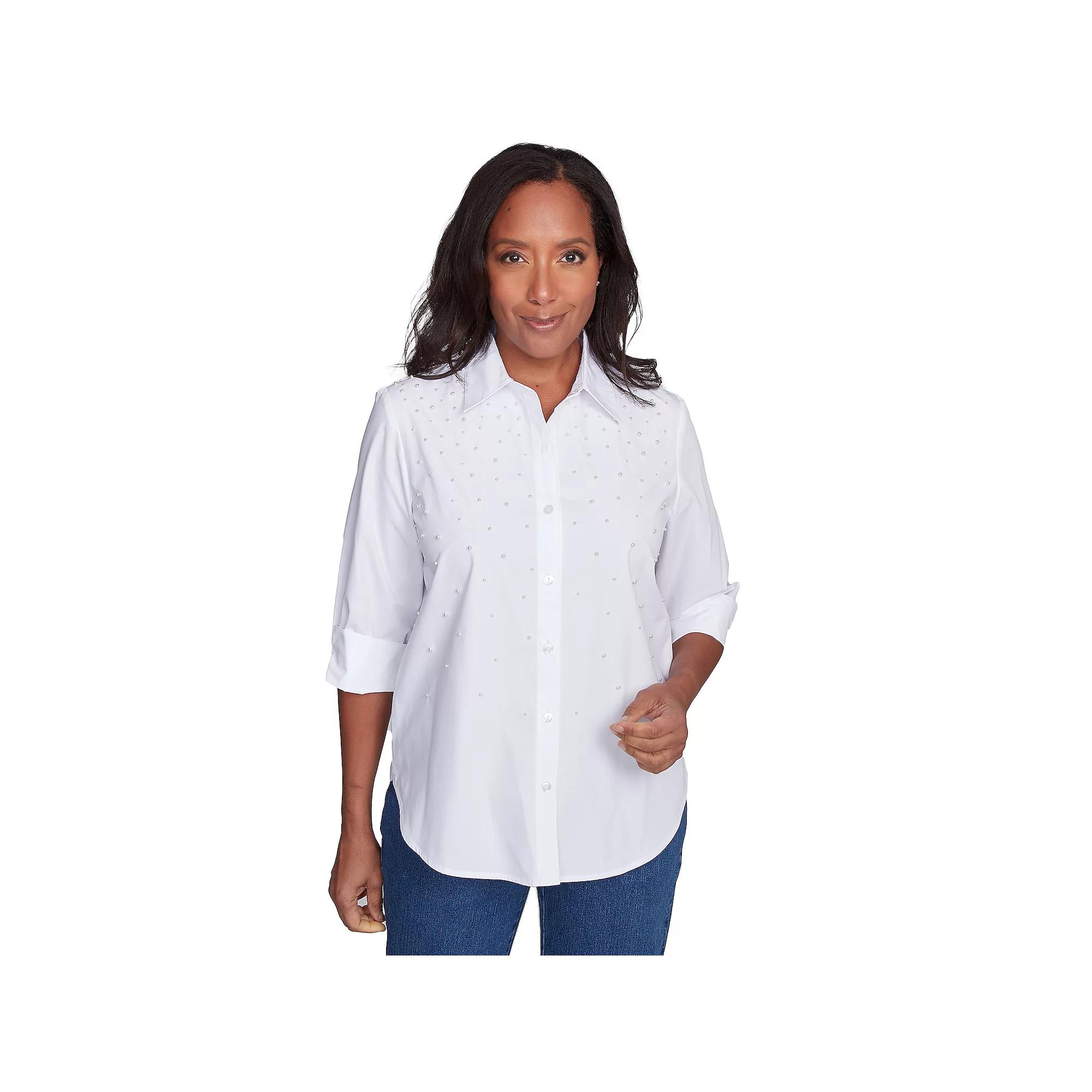 Petite Alfred Dunner Pearl Studded Button Down Top, Women's,  Product Image