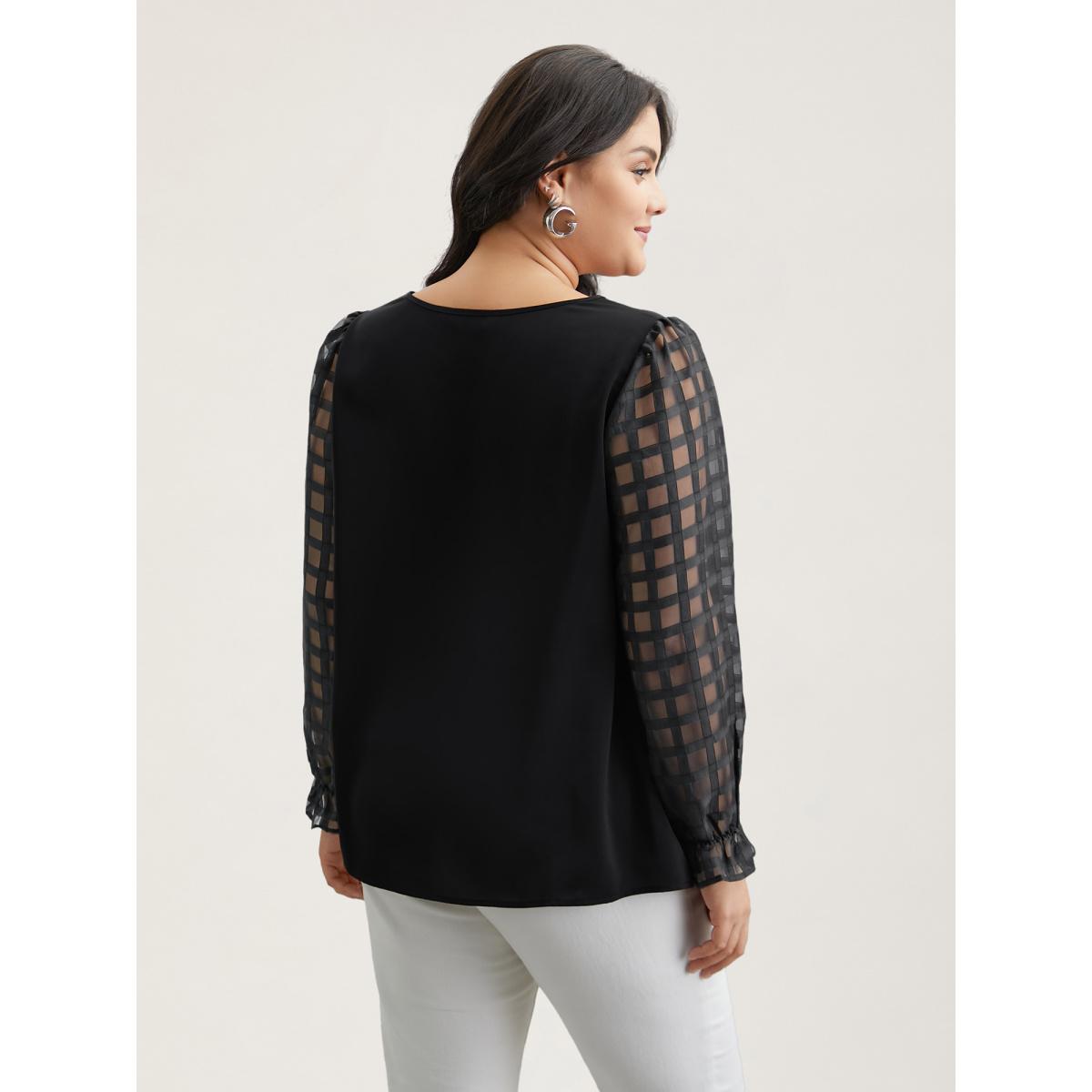 Plus Size Black Sheer Textured Sleeve Neck Cut-Out Shirt Women Office Long Sleeve Round Neck Office Blouses BloomChic 22-24/3X Product Image