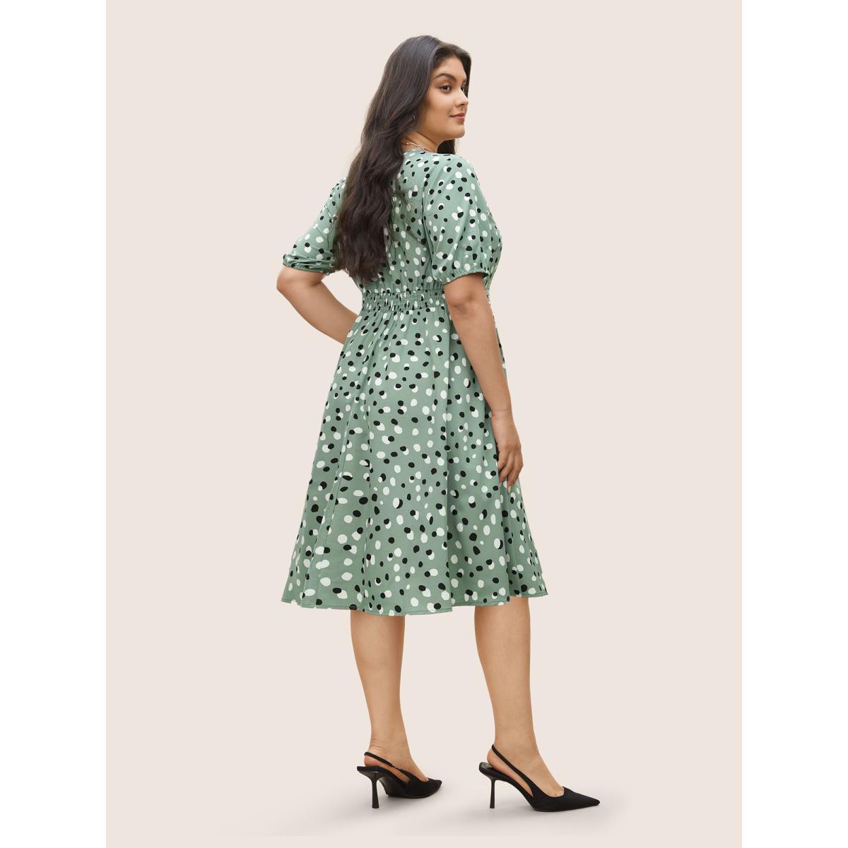 Plus Size Allover Print Pleated Lantern Sleeve Dress Sage Women Elegant Non Round Neck Short sleeve Curvy Midi Dress BloomChic 30/6X Product Image