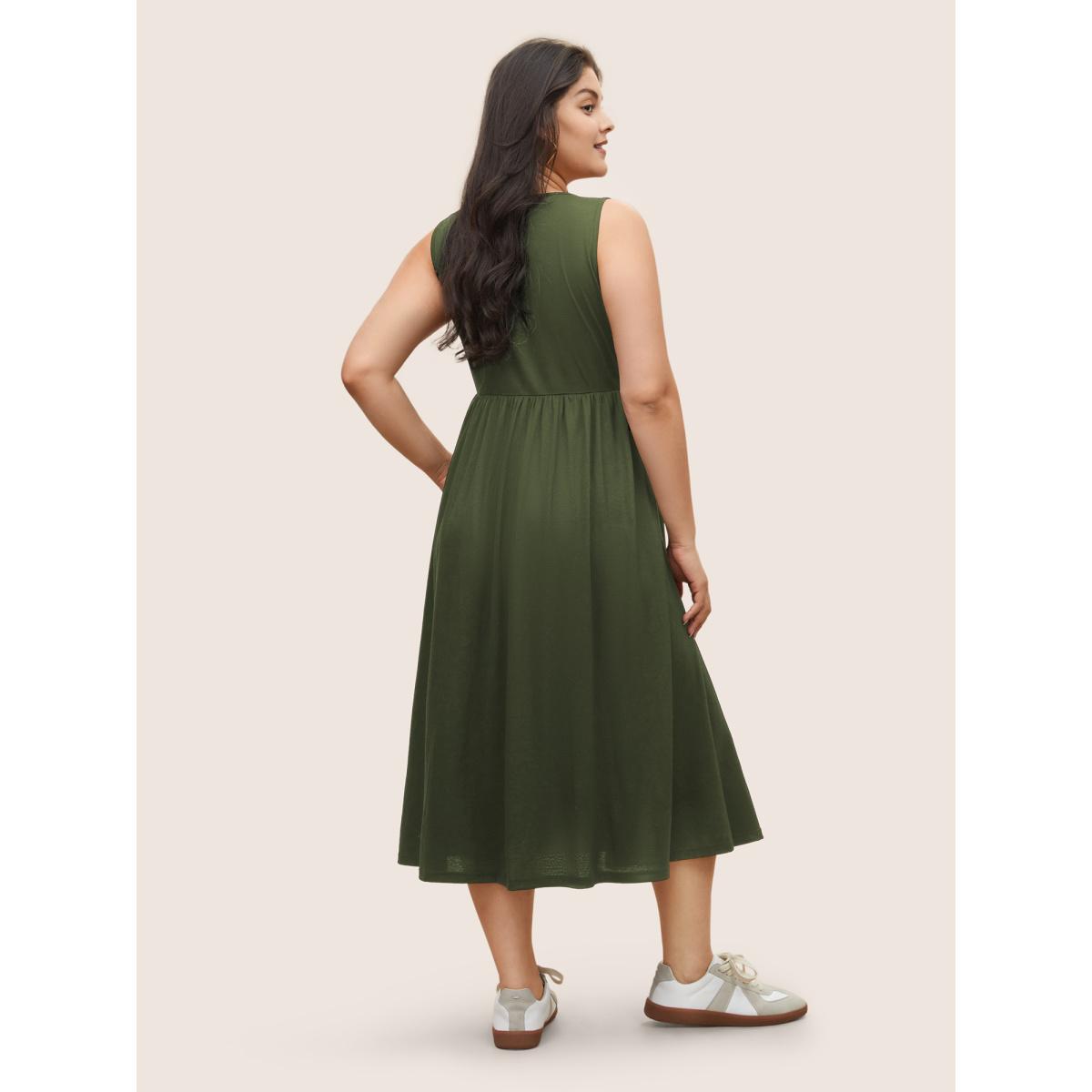 Plus Size Supersoft Essentials Solid Gathered Tank Dress ArmyGreen Women Basics Non U-neck Sleeveless Curvy Midi Dress BloomChic 22-24/3X Product Image