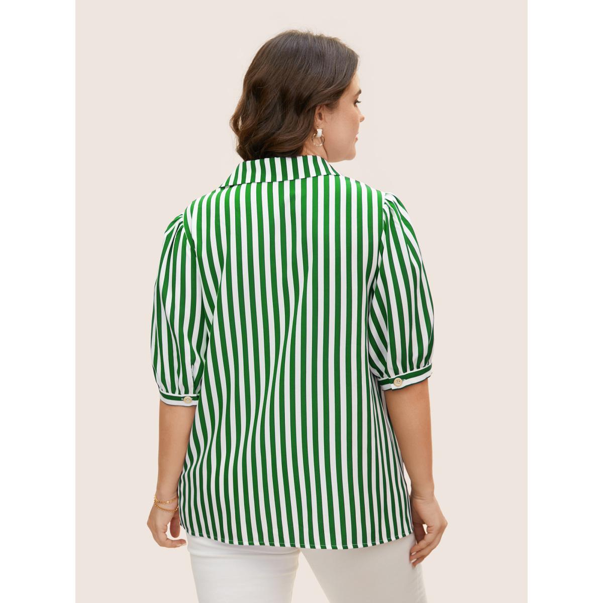 Plus Size Truegreen Striped Notched Collar Lantern Sleeve Blouse Women Workwear Essentials Short sleeve Notched collar Work Blouses BloomChic 14-16/1X Product Image