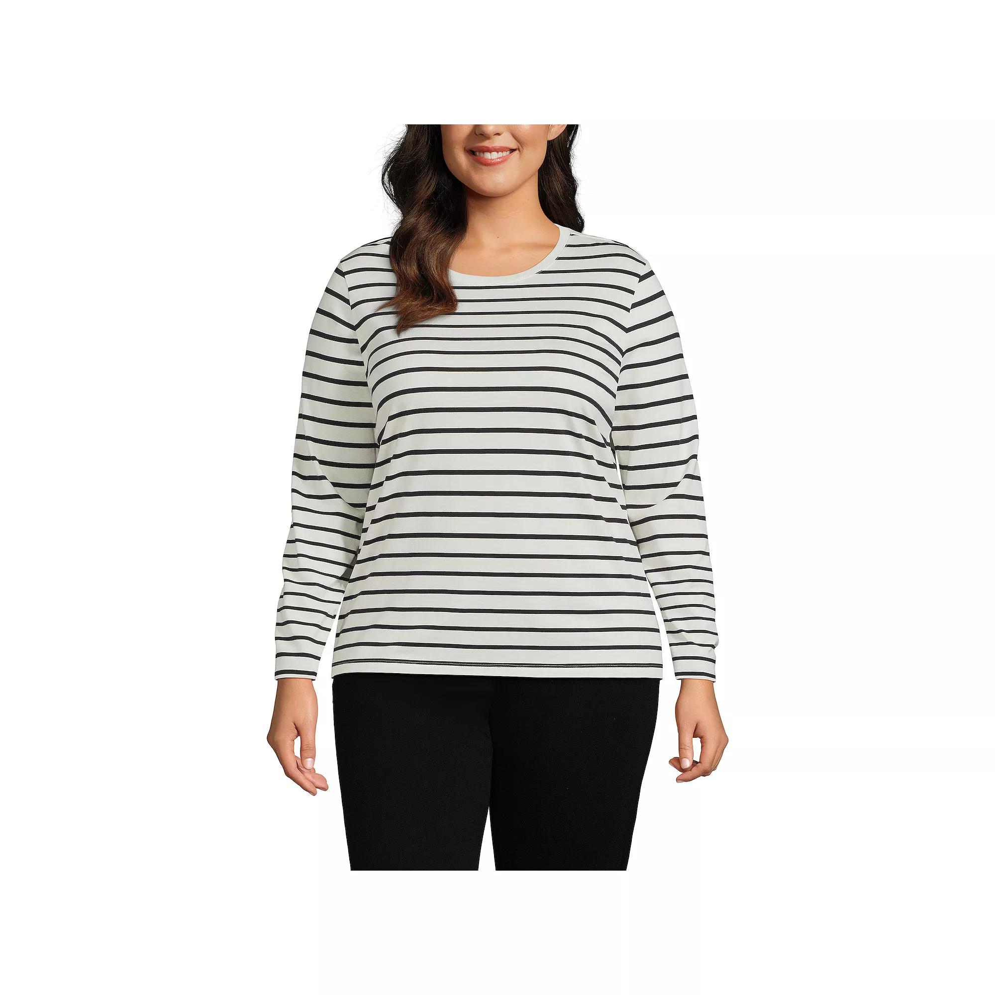 Plus Size Lands' End Long Sleeve Relaxed Supima Cotton Crewneck Tee, Women's, Size: 1XL, Ivory Black Stripe Product Image