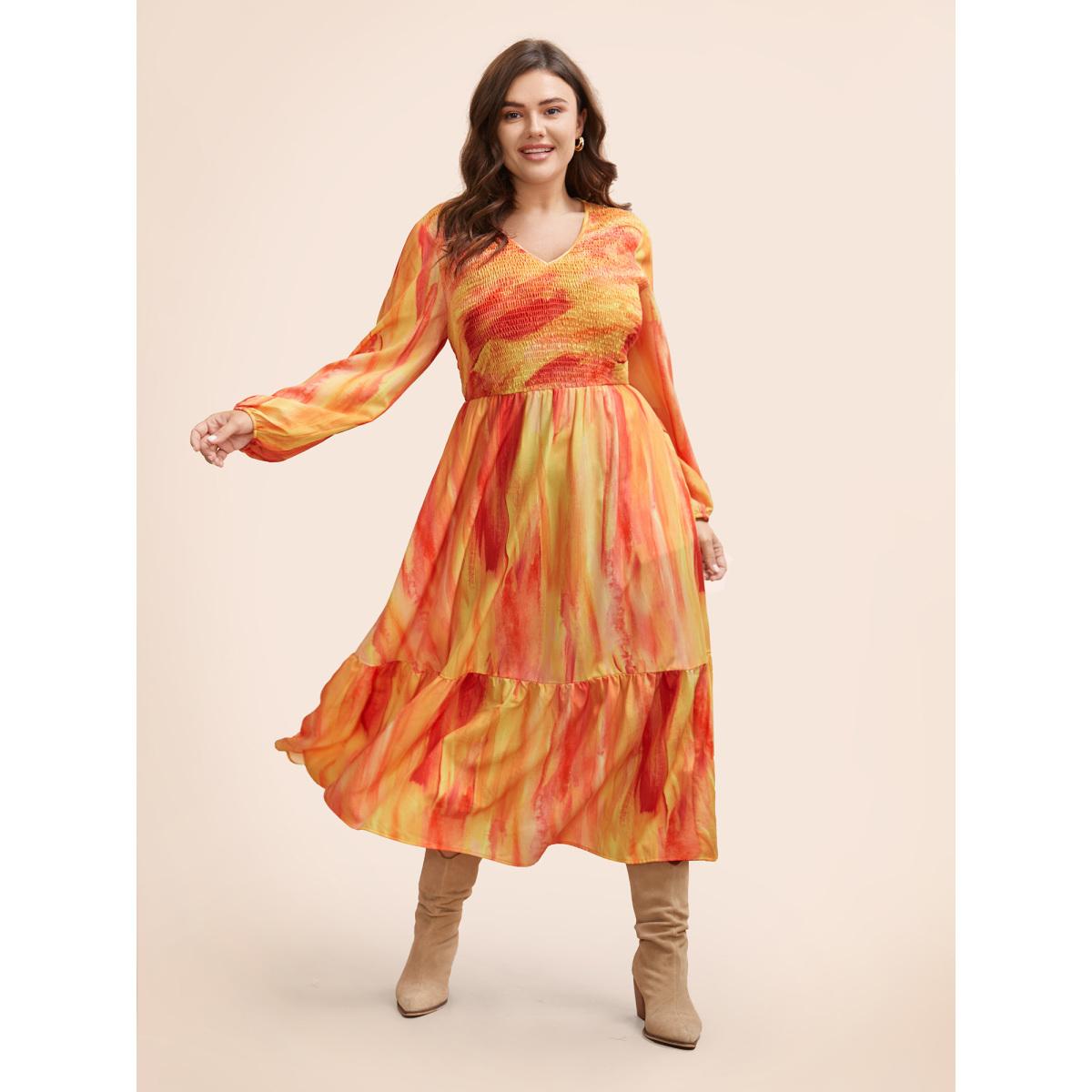 Plus Size Gradient Dyeing Shirred Ruffle Hem Dress Multicolor Women Elegant Gathered V-neck Long Sleeve Curvy BloomChic 22-24/3X Product Image