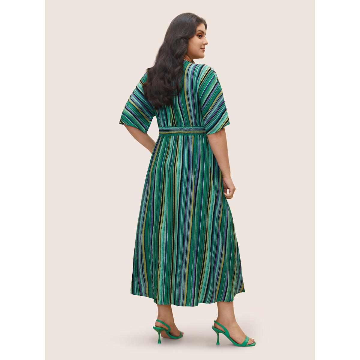 Plus Size Striped Contrast Dolman Sleeve Shirred Pocket Split Flutter Dress Emerald Women Boho Non V-neck Half Sleeve Curvy BloomChic 10/M Product Image