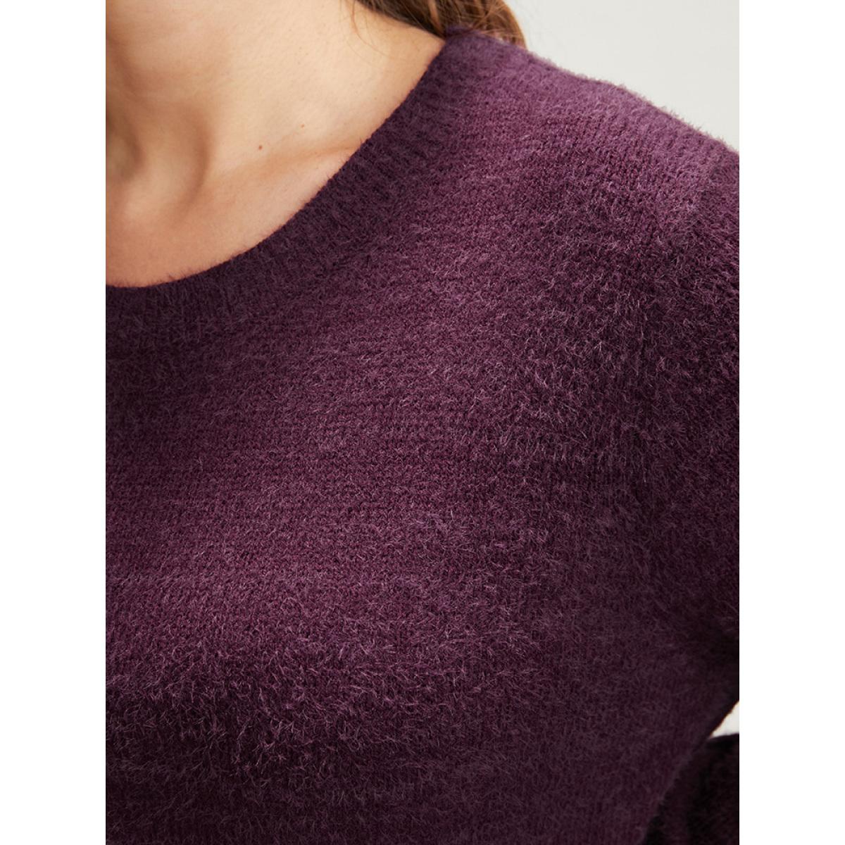 Plus Size Solid Soft Sexy Yarn Knit Twist Front Fluffy Knit Top Burgundy Women Elegant Loose Long Sleeve Round Neck Dailywear Pullovers BloomChic 22-24/3X Product Image
