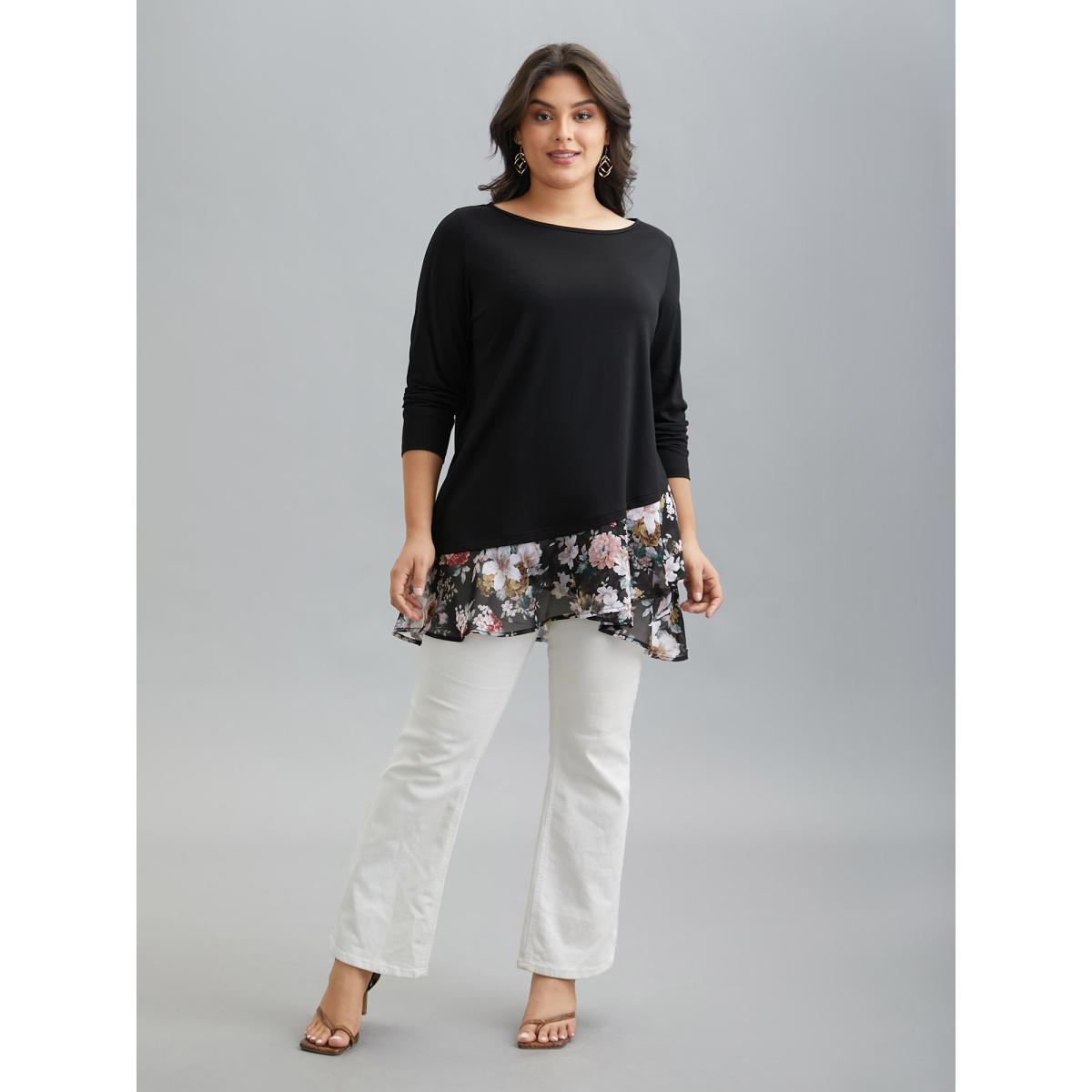 Plus Size Floral Print Contrast Round Neck T-Shirt Black Women Elegant Overlapping Natural Flowers Boat Neck Loose Everyday T-shirts BloomChic 18-20/2X Product Image