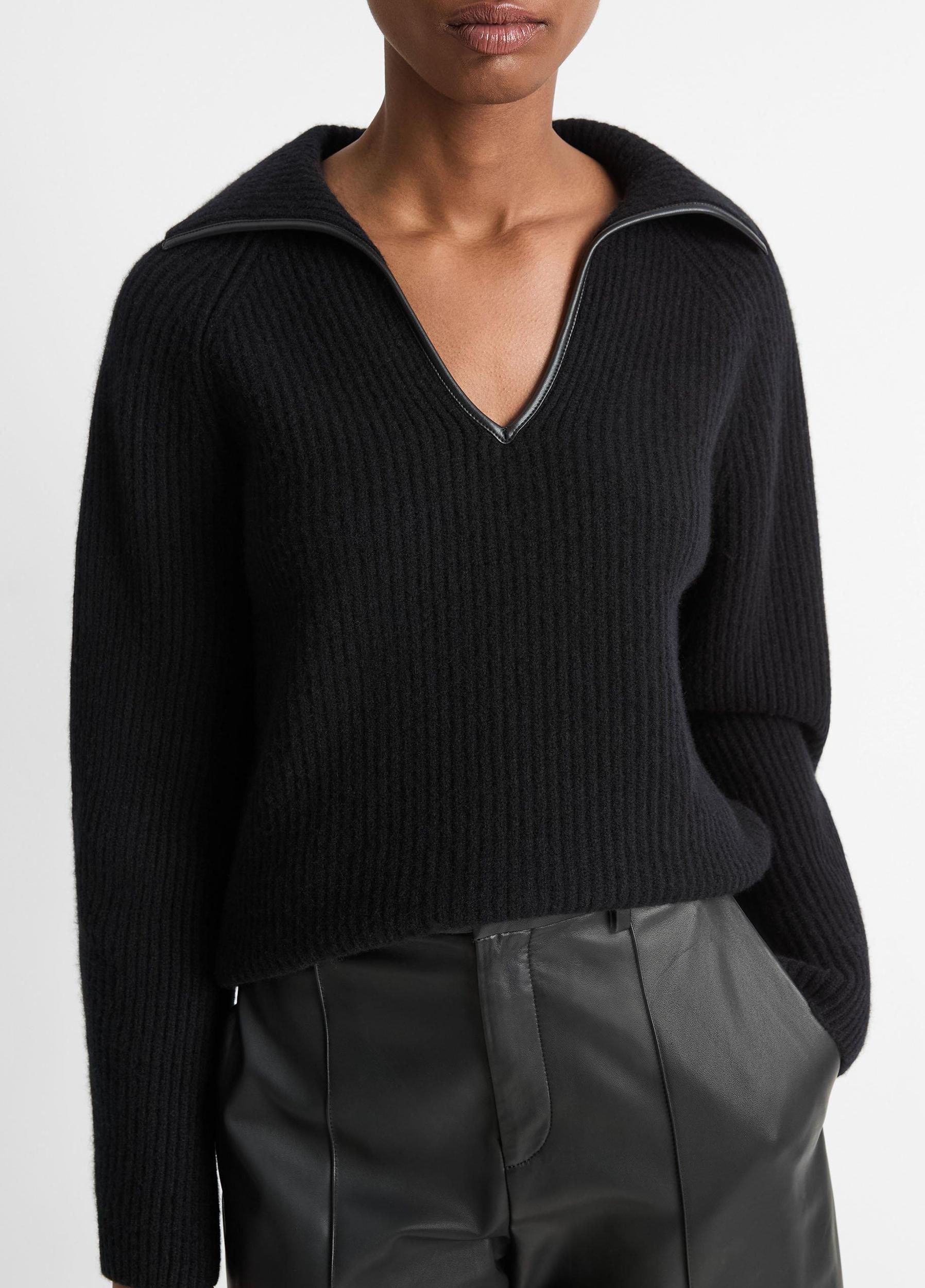 Faux-Leather-Trim Wool-Cashmere Polo Sweater Product Image