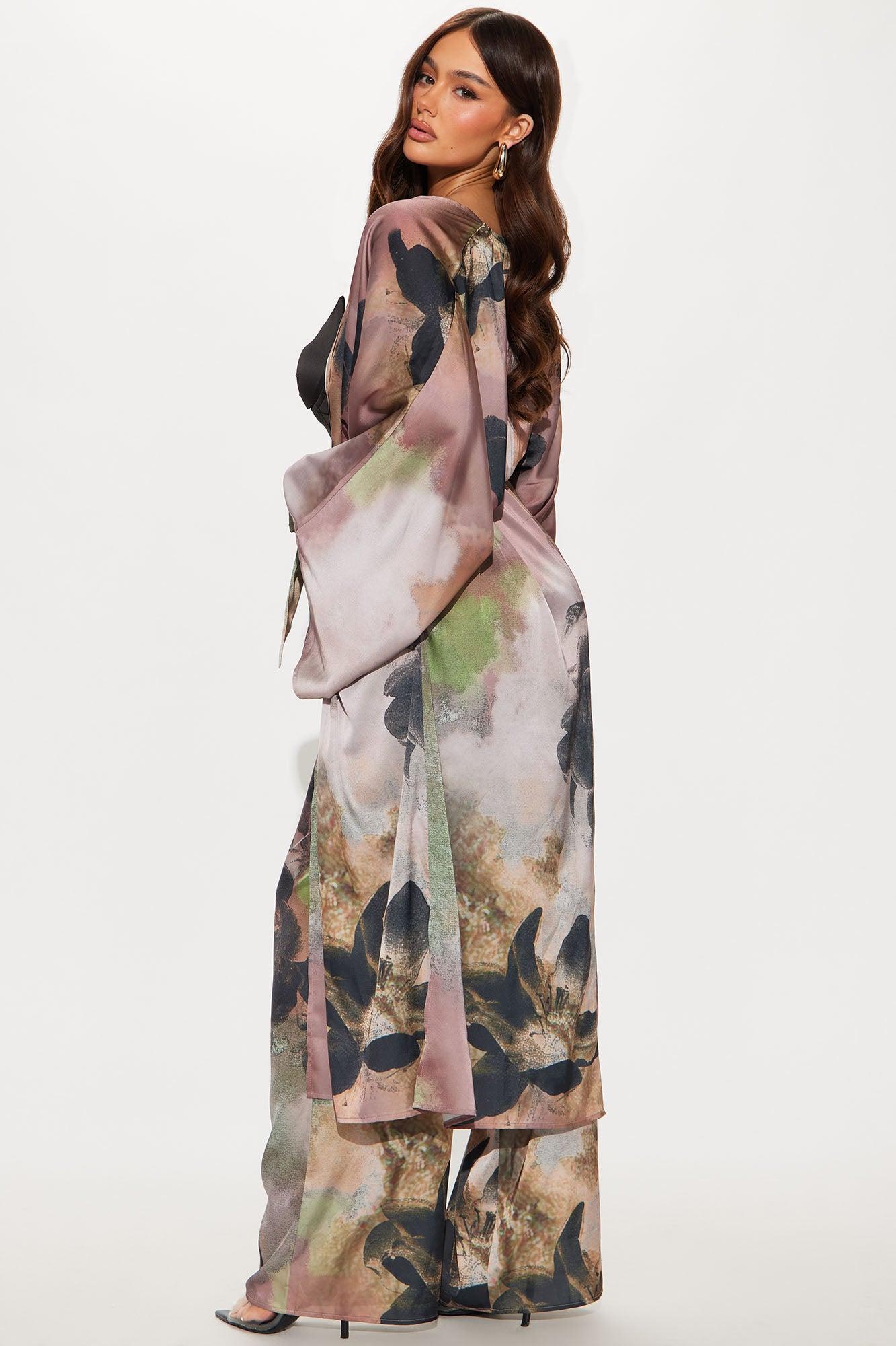 Dark Seduction Satin Kimono Pant Set - Brown/combo Product Image