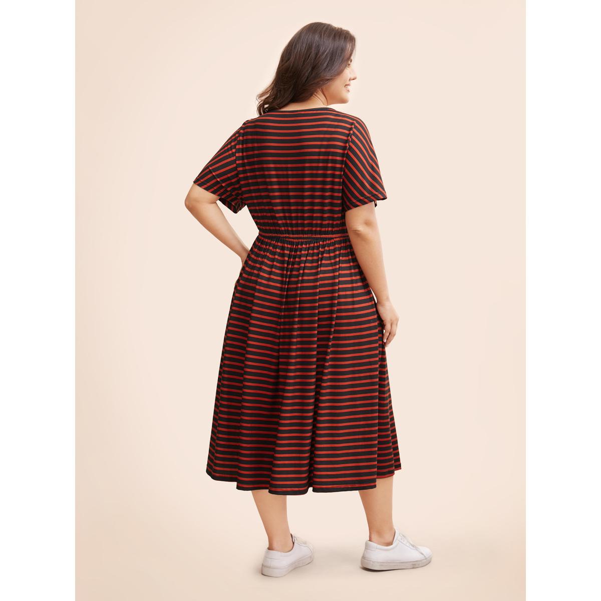Plus Size Striped Round Neck Drawstring Dolman Sleeve Dress Black Women Casual Gathered Round Neck Short sleeve Curvy BloomChic 18-20/2X Product Image