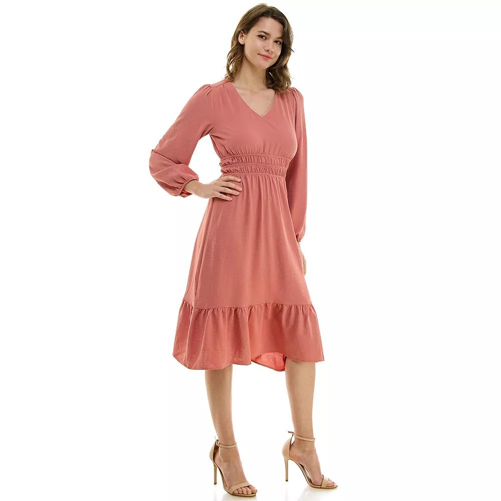 Women's Luxology Smocked Waist V Neck Midi Dress,  Product Image
