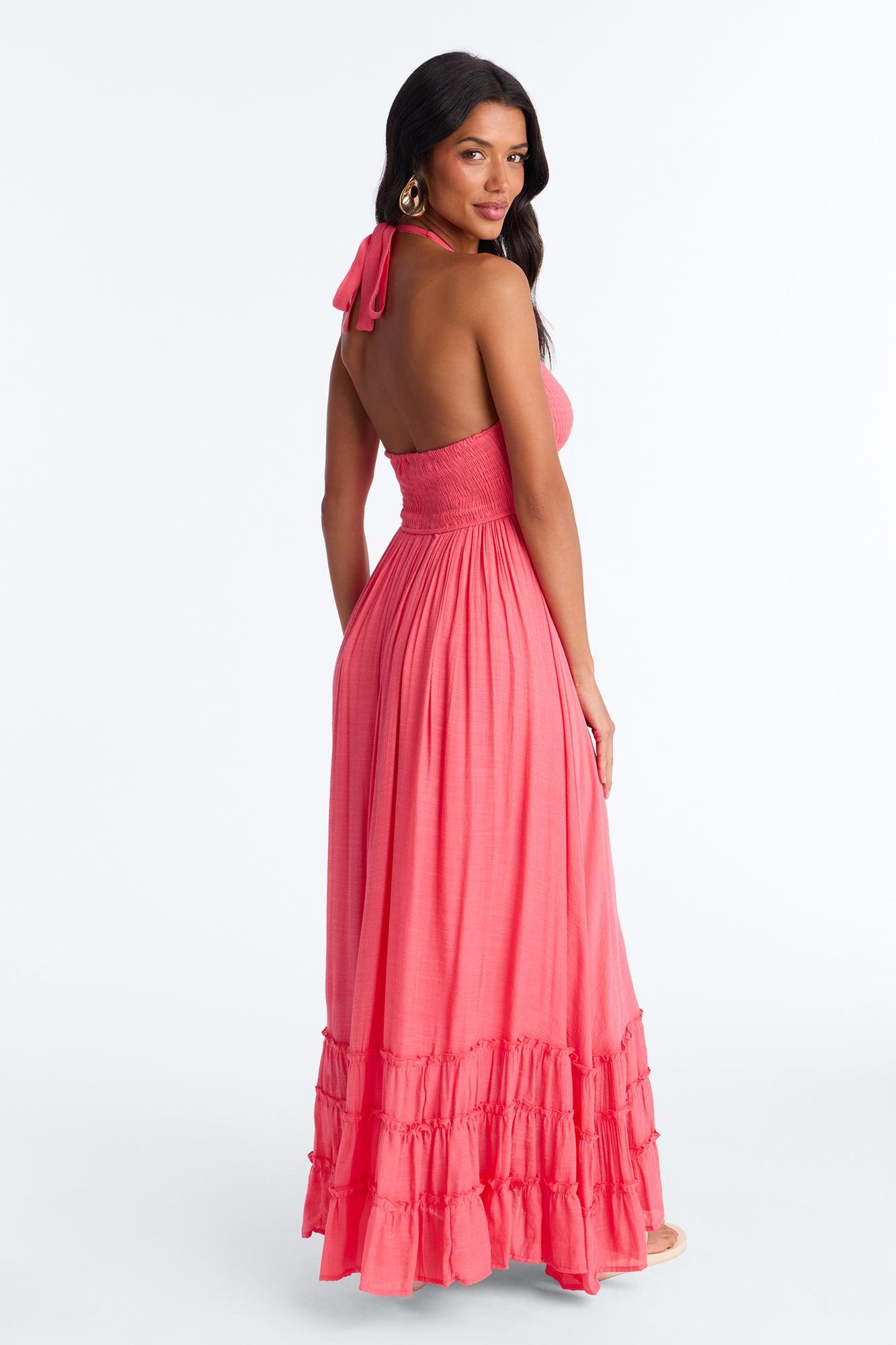 Freya Smocked Linen Maxi Dress - Coral Female Product Image