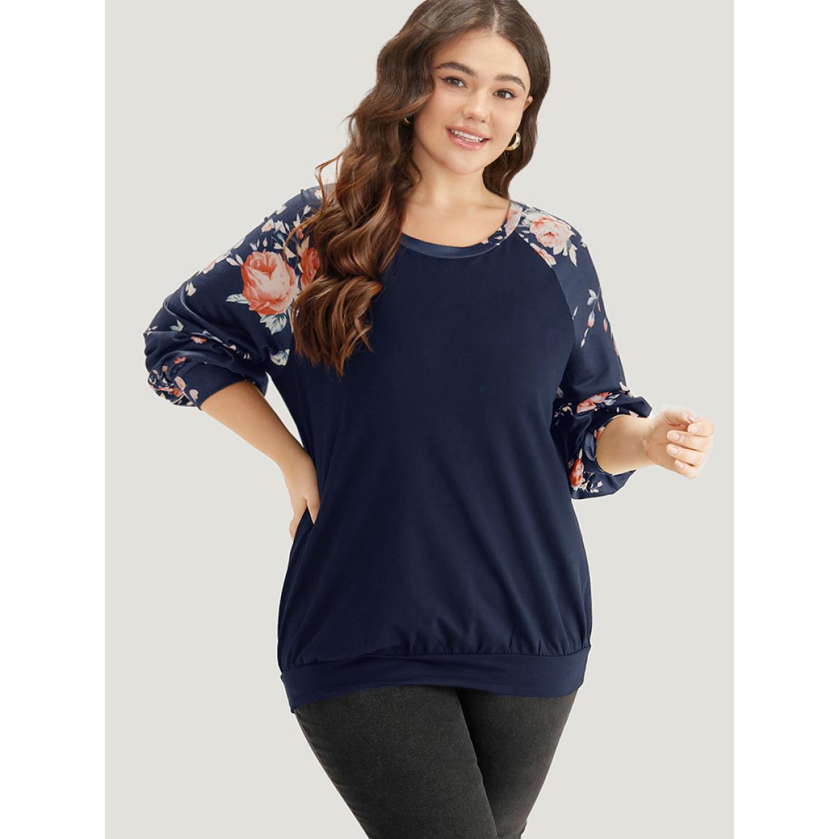 Plus Size Floral Print Raglan Sleeve Patchwork Sweatshirt Women DarkBlue Elegant Printed Round Neck Everyday Sweatshirts BloomChic 10/M Product Image