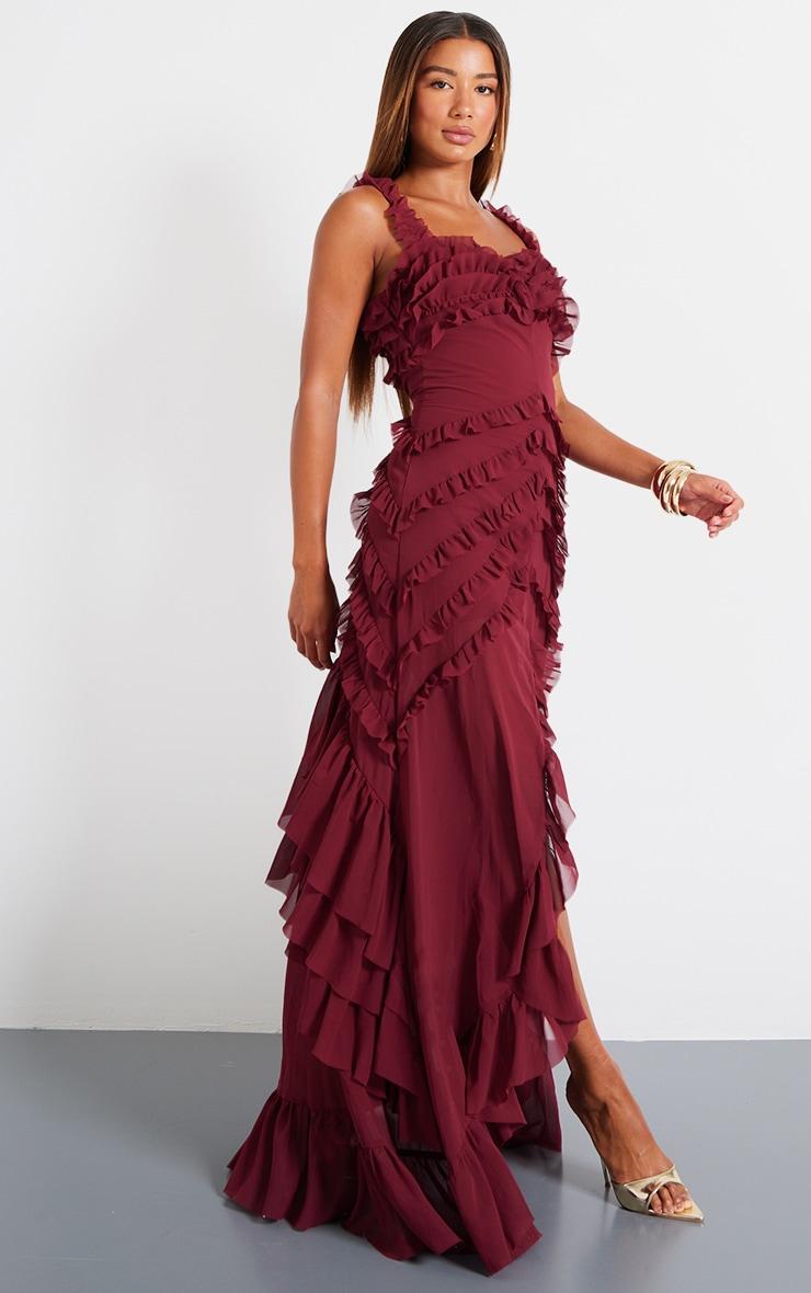 Wine Tiered Frill Detail Maxi Dress Product Image