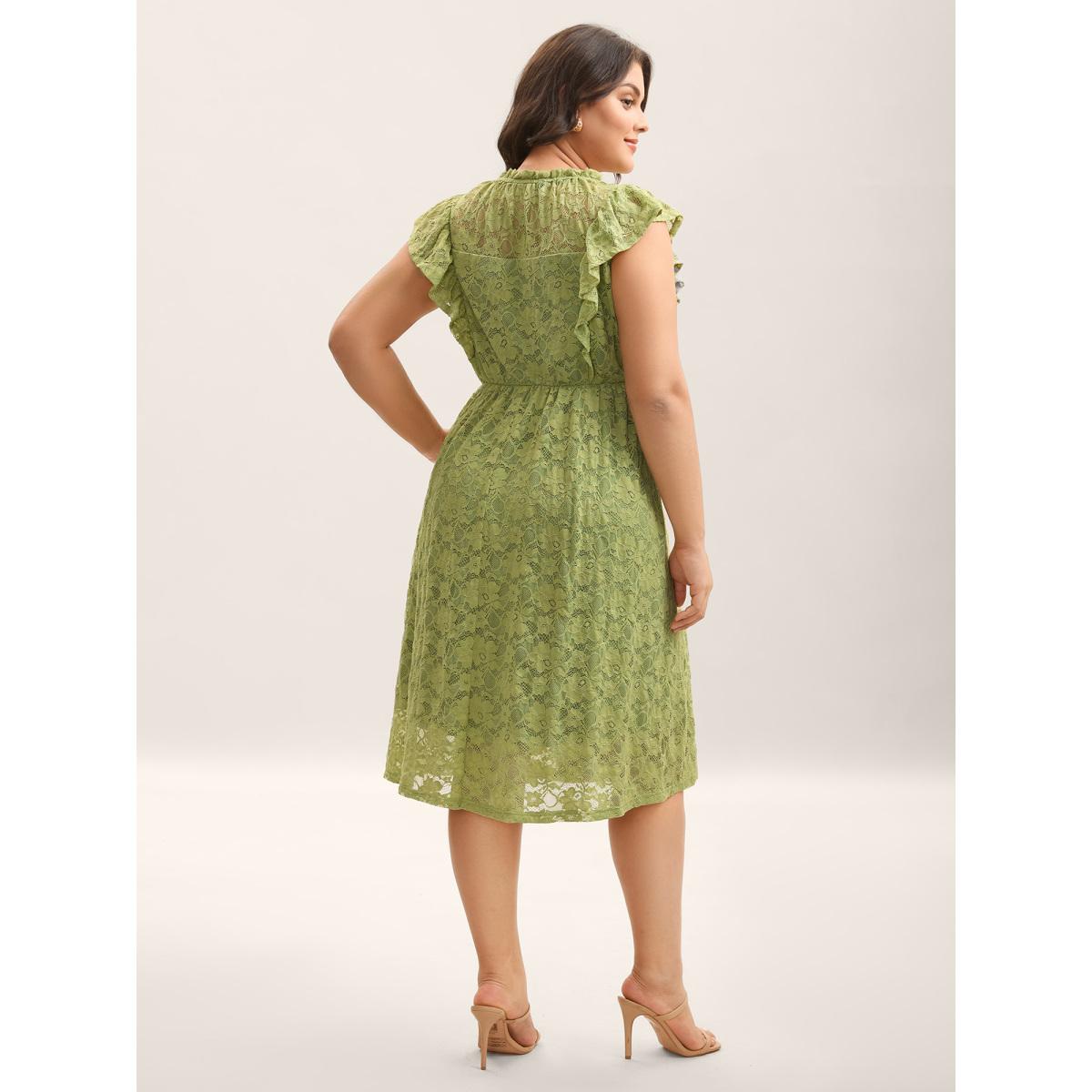 Plus Size Lace Stretchy Waist Ruffled Midi Dress Moss Women Mock Neck Cap Sleeve Curvy BloomChic 14-16/1X Product Image