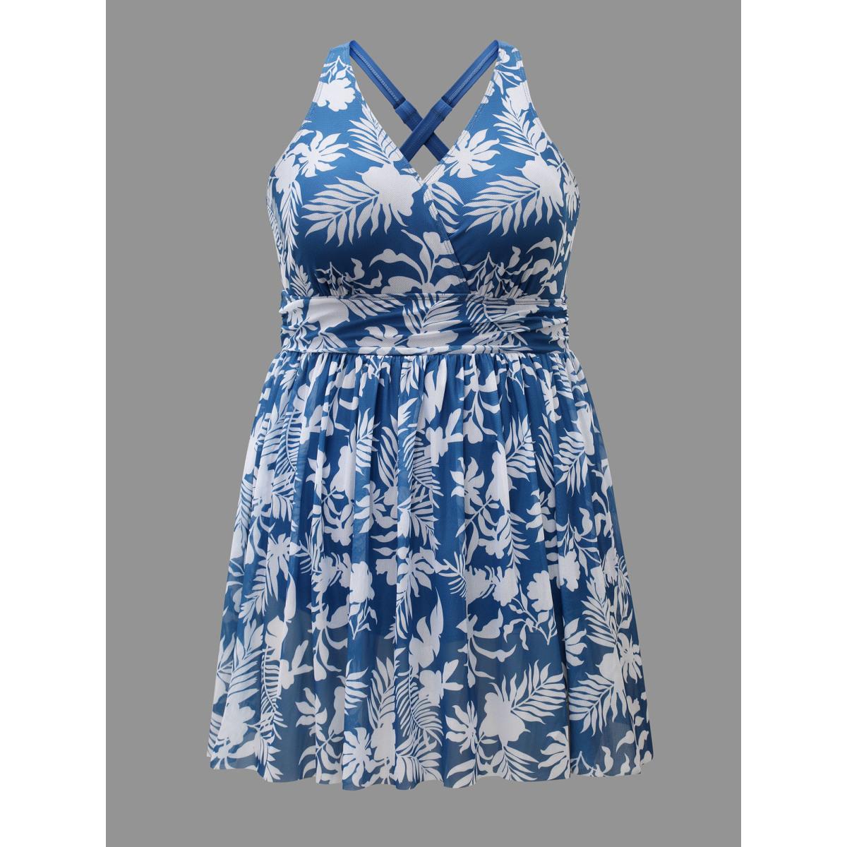 Plus Size Tropical Print Adjustable Slit Swim Dress Women's Swimwear Cerulean Beach Bodycon Overlap Collar High stretch Curve Swim Dresses BloomChic 18-20/2X Product Image