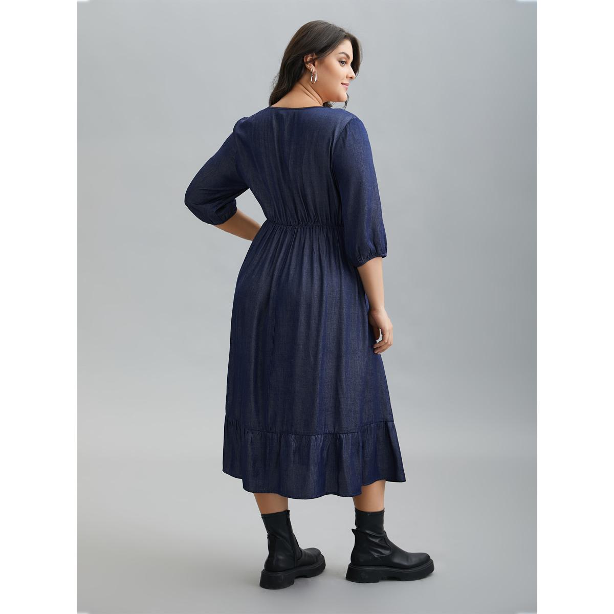 Plus Size V-Neck Button Tiered Maxi Dress Mediumblue Women Casual Button V-neck Elbow-length sleeve Curvy BloomChic 12/L Product Image