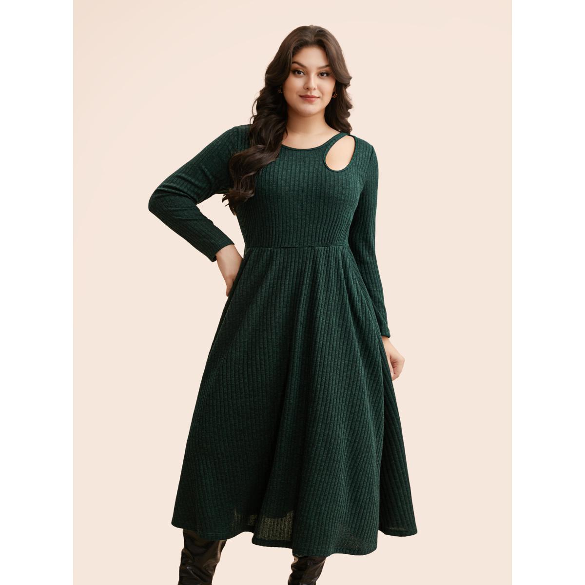 Plus Size Rib Knit Asymmetrical Neck Midi Dress DarkGreen Women Elegant Texture Asymmetrical Neck Long Sleeve Curvy BloomChic 26/4X Product Image