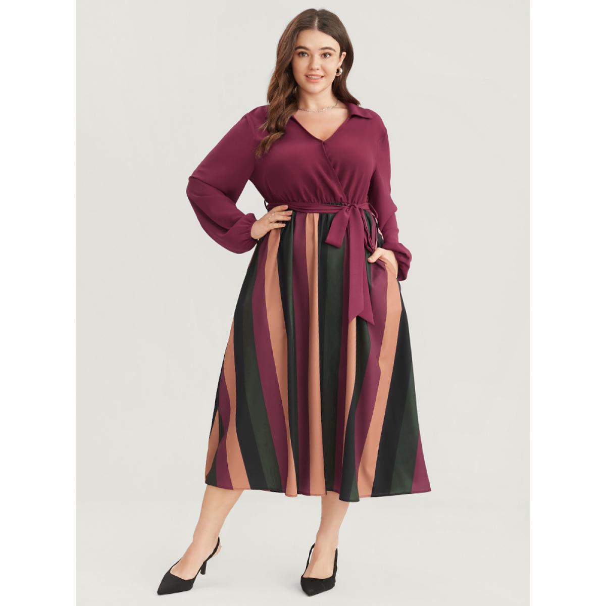 Plus Size Solid Patchwork Wrap Pocket Lantern Sleeve Belted Striped Dress Multicolor Women Office Patchwork V-neck Long Sleeve Curvy Midi Dress BloomChic 10/M Product Image