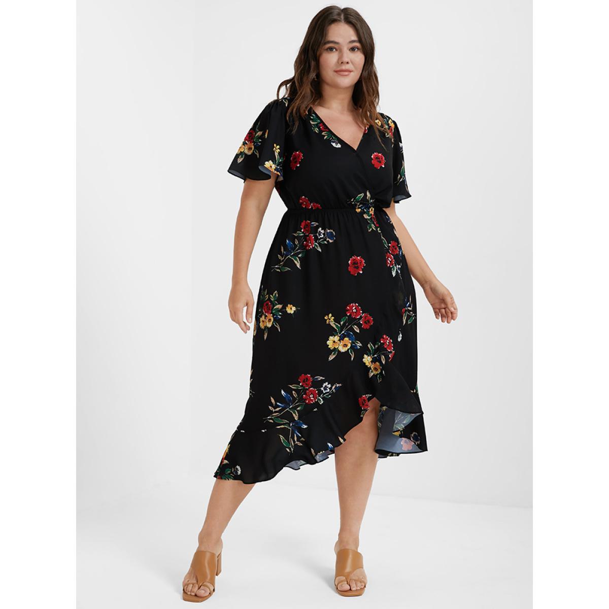 Plus Size Floral Ruffles Knot Wrap Midi Dress Black Women Elegant Ruffles V-neck Short sleeve Curvy Midi Dress BloomChic 16/1X Product Image