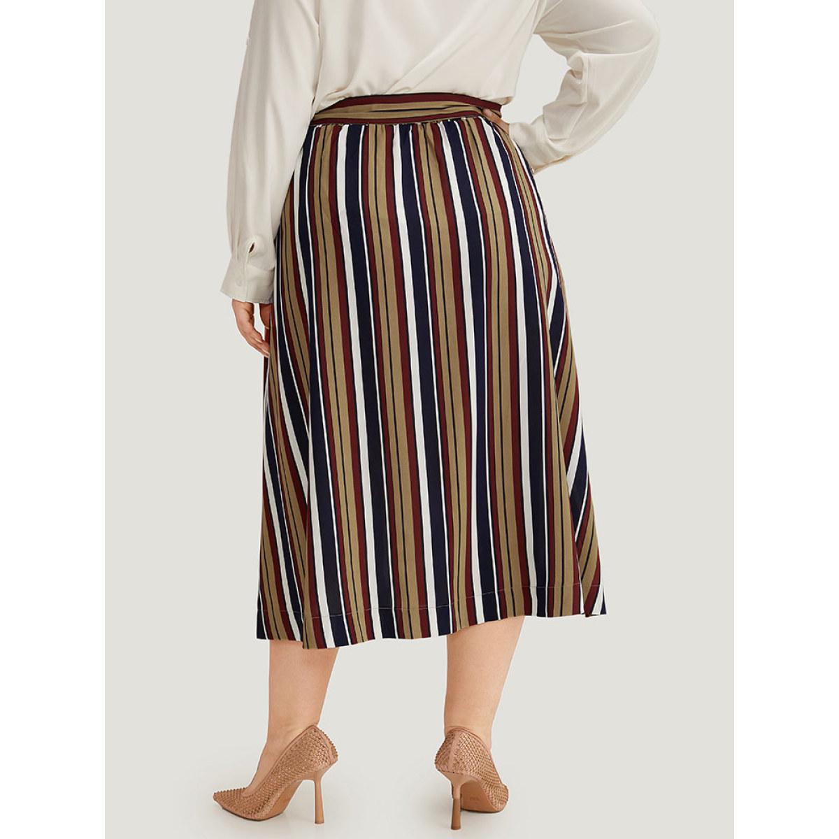 Plus Size Striped Ties Elastic Waist A-line Skirt Women DarkBlue Office A-line Loose No stretch Belt Office Skirts BloomChic 30/6X Product Image
