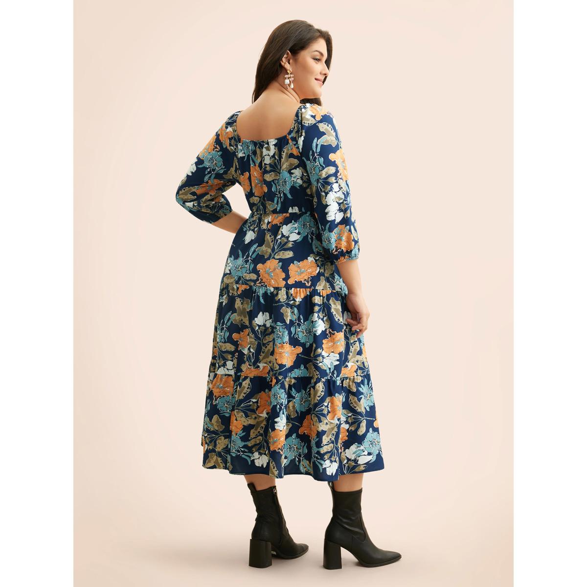 Plus Size Square Neck Floral Shirred Midi Dress Navy Women Elegant Shirred Square Neck Elbow-length sleeve Curvy BloomChic 14-16/1X Product Image