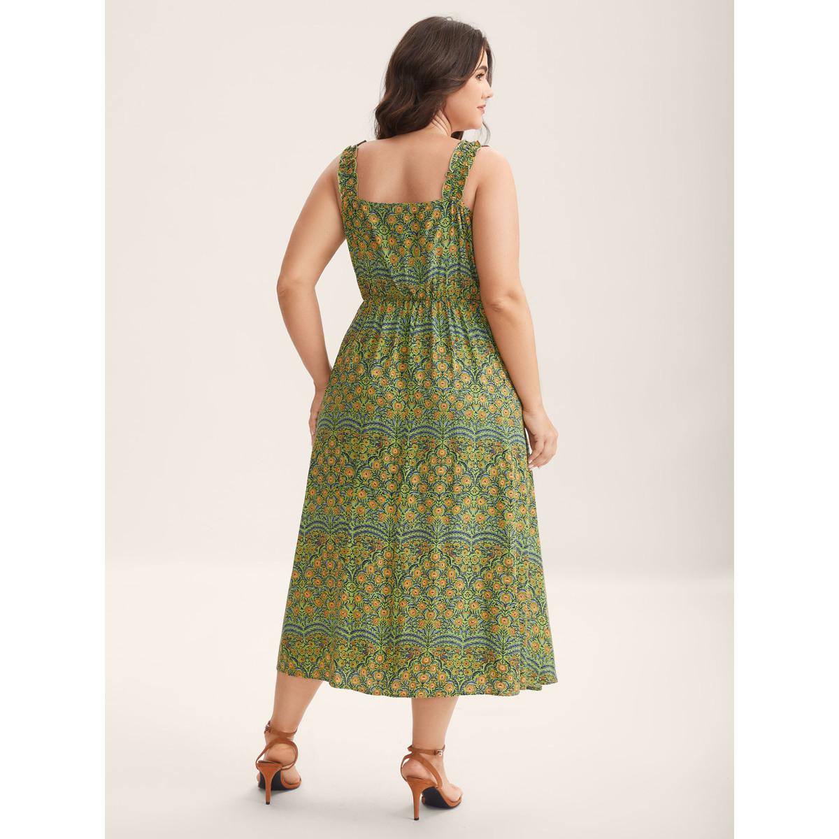 Plus Size Rayon Floral Print High Waisted Midi Dress Olive Women Square Neck Sleeveless Curvy BloomChic 18-20/2X Product Image