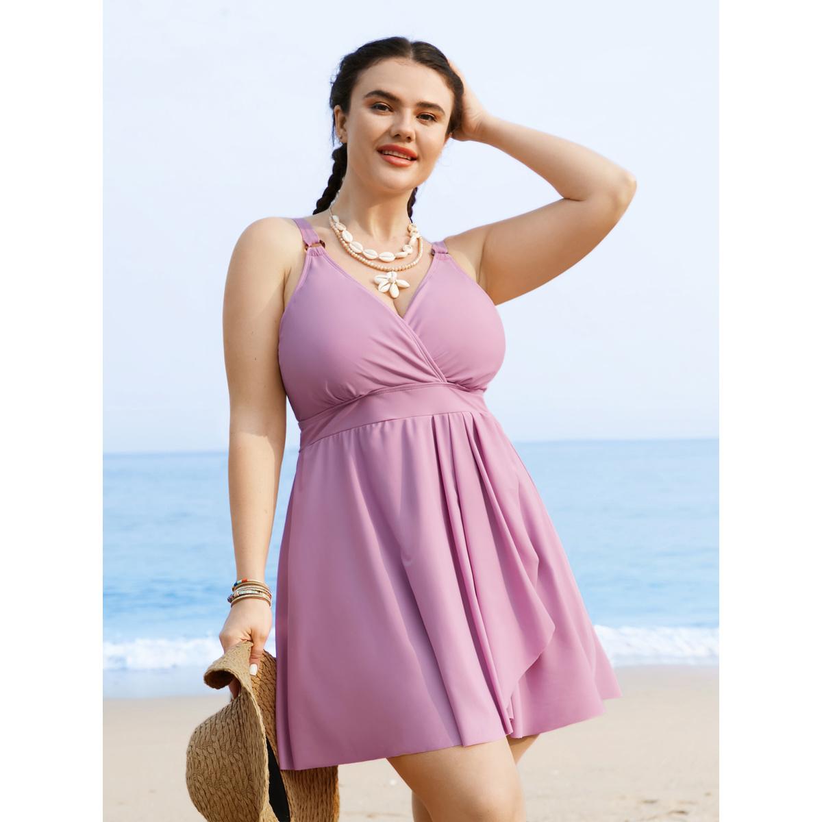 Plus Size Overlap Collar Plain Slit Hem Swim Dress Women's Swimwear Lilac Beach Bodycon Overlap Collar High stretch Curve Swim Dresses BloomChic 30/6X Product Image