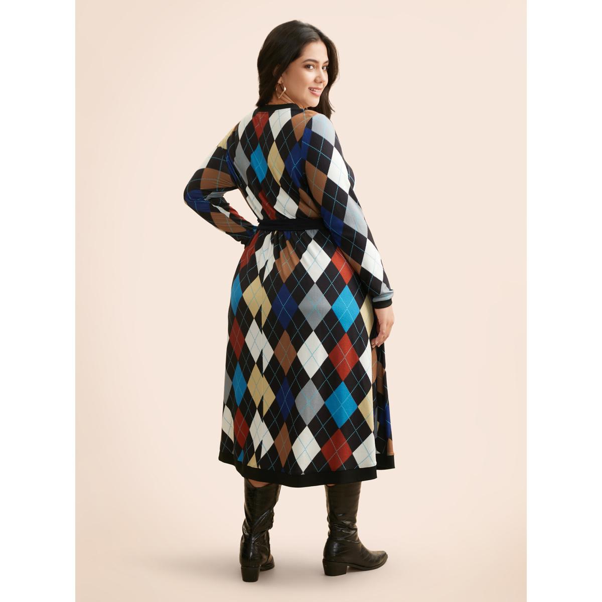 Plus Size V Neck Colorblock Contrast Belted Dress Multicolor Women Casual Belted V-neck Long Sleeve Curvy BloomChic 26/4X Product Image