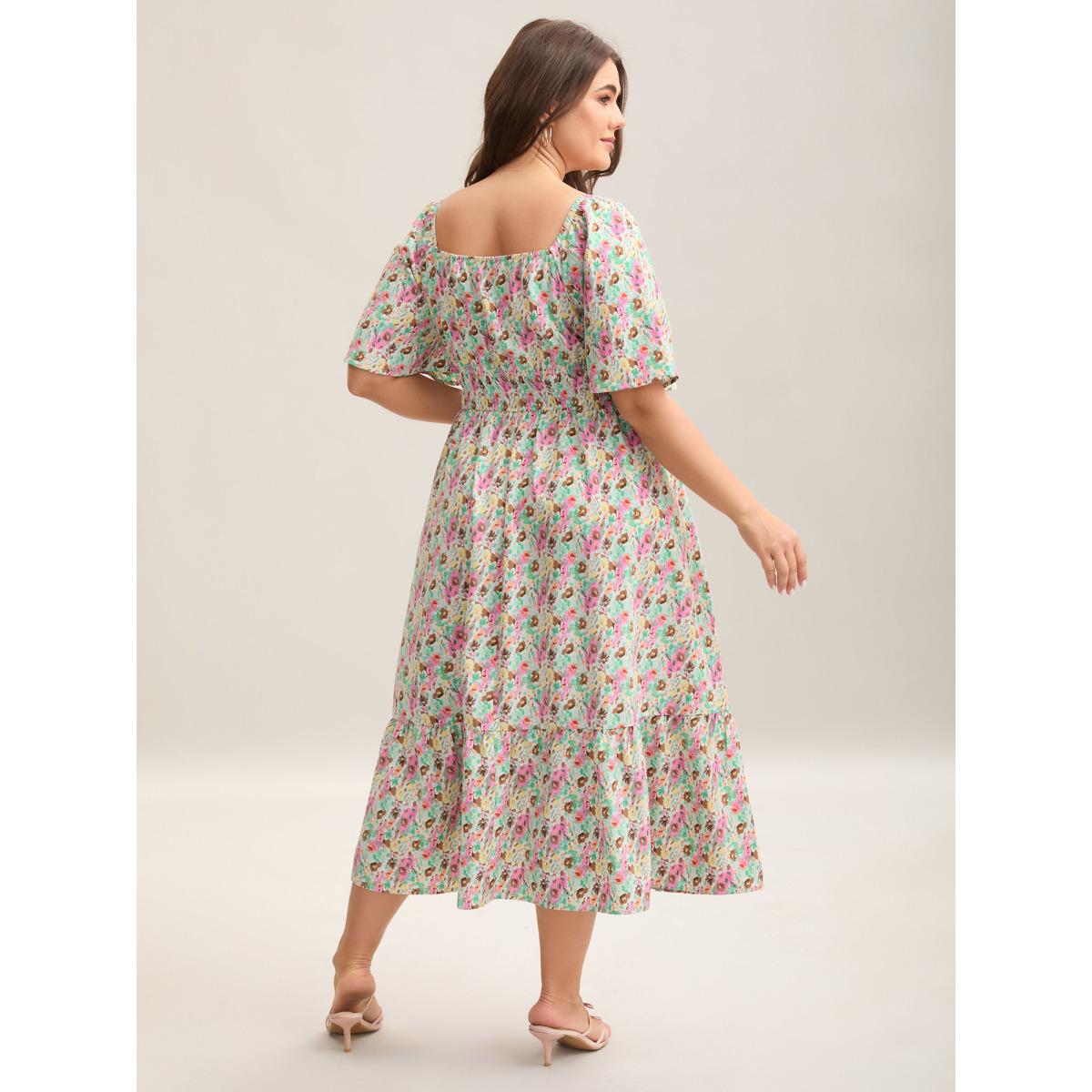 Plus Size Smocked Waist Floral Ties Tiered Maxi Dress Greenbean Women Timeless Tie knot Square Neck Short sleeve Curvy BloomChic 22-24/3X Product Image