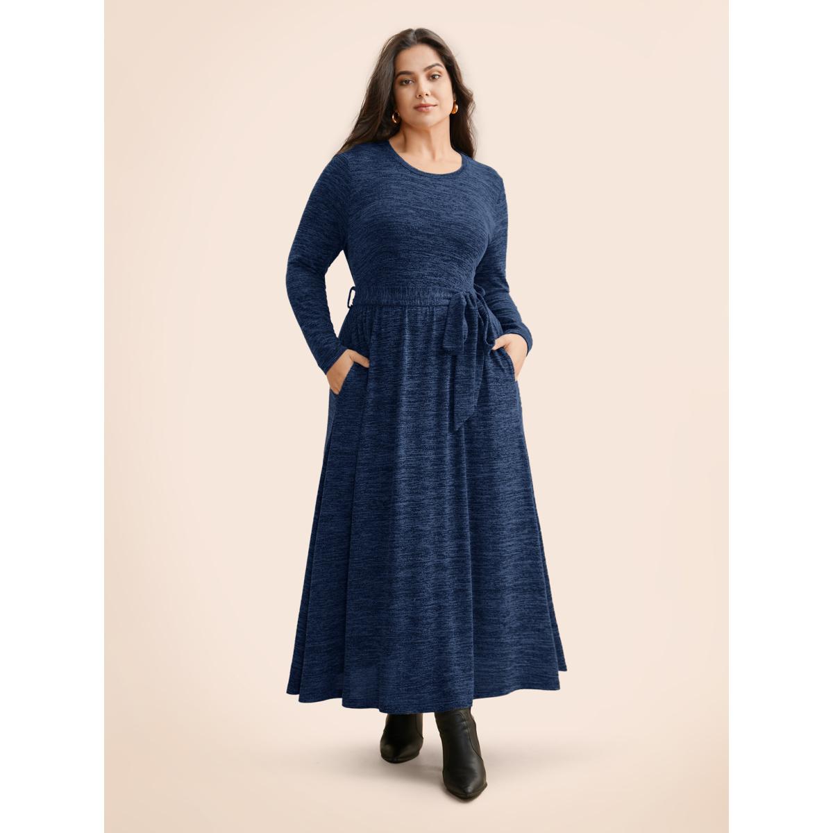 Plus Size Round Neck Heather Belted Dress Mediumblue Women At the Office Texture Round Neck Long Sleeve Curvy BloomChic 14-16/1X Product Image
