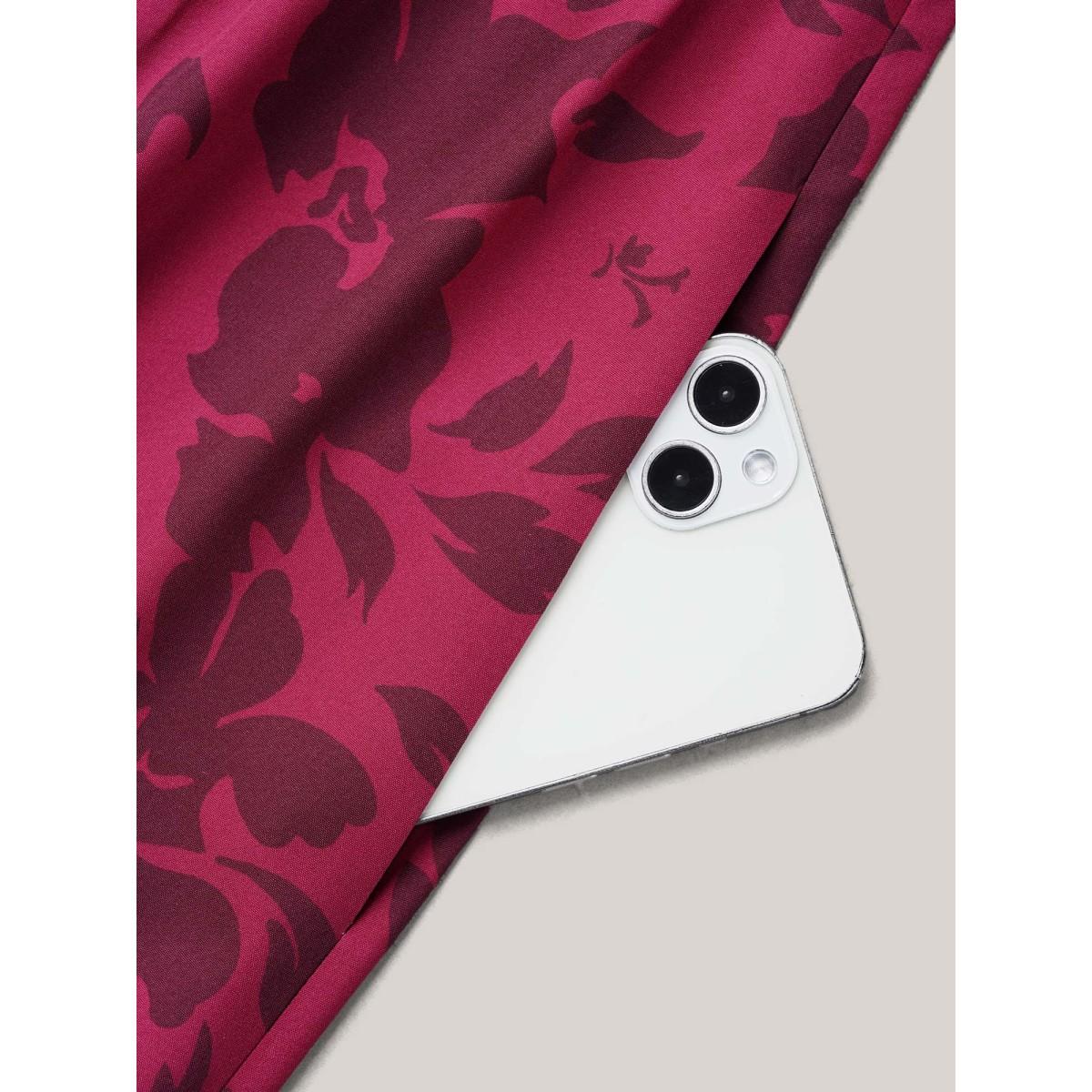 Plus Size Romantic Flower Print Pockets Midi Dress RedViolet Women Elegant Non V-neck Short sleeve Curvy BloomChic 14-16/1X Product Image