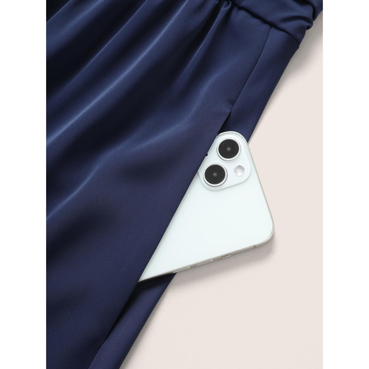 Plus Size Solid Elastic Waist Ruched Dress DarkBlue Women At the Office Non Round Neck Elbow-length sleeve Curvy Midi Dress BloomChic 12/L Product Image