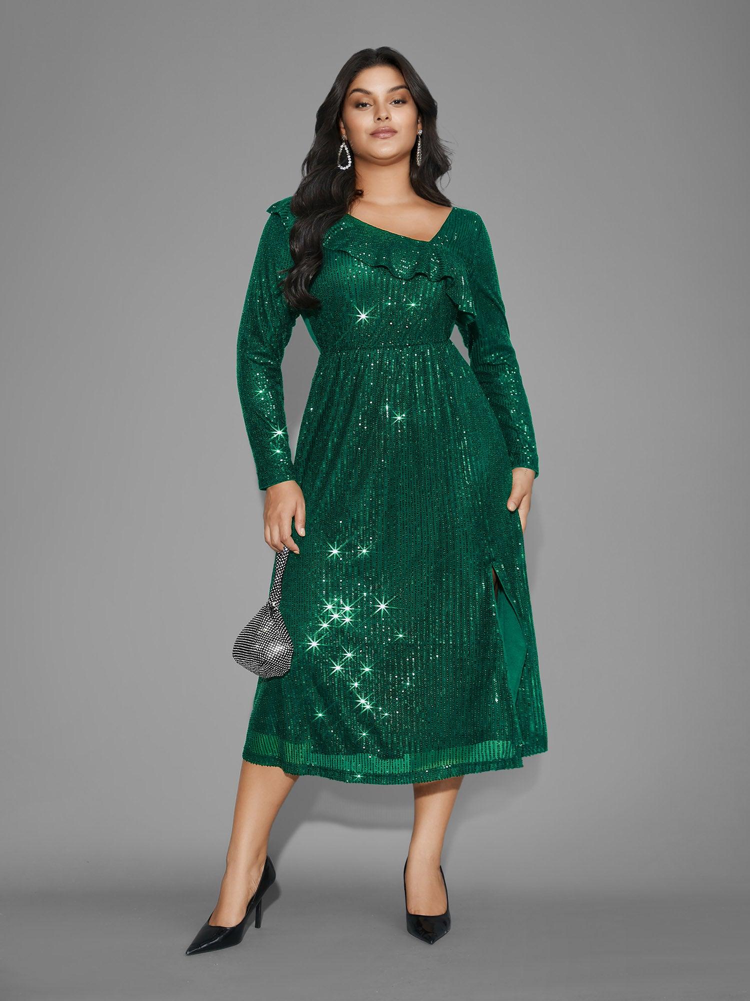 Sequin Mesh Asymmetrical Neck Midi Dress Female Product Image