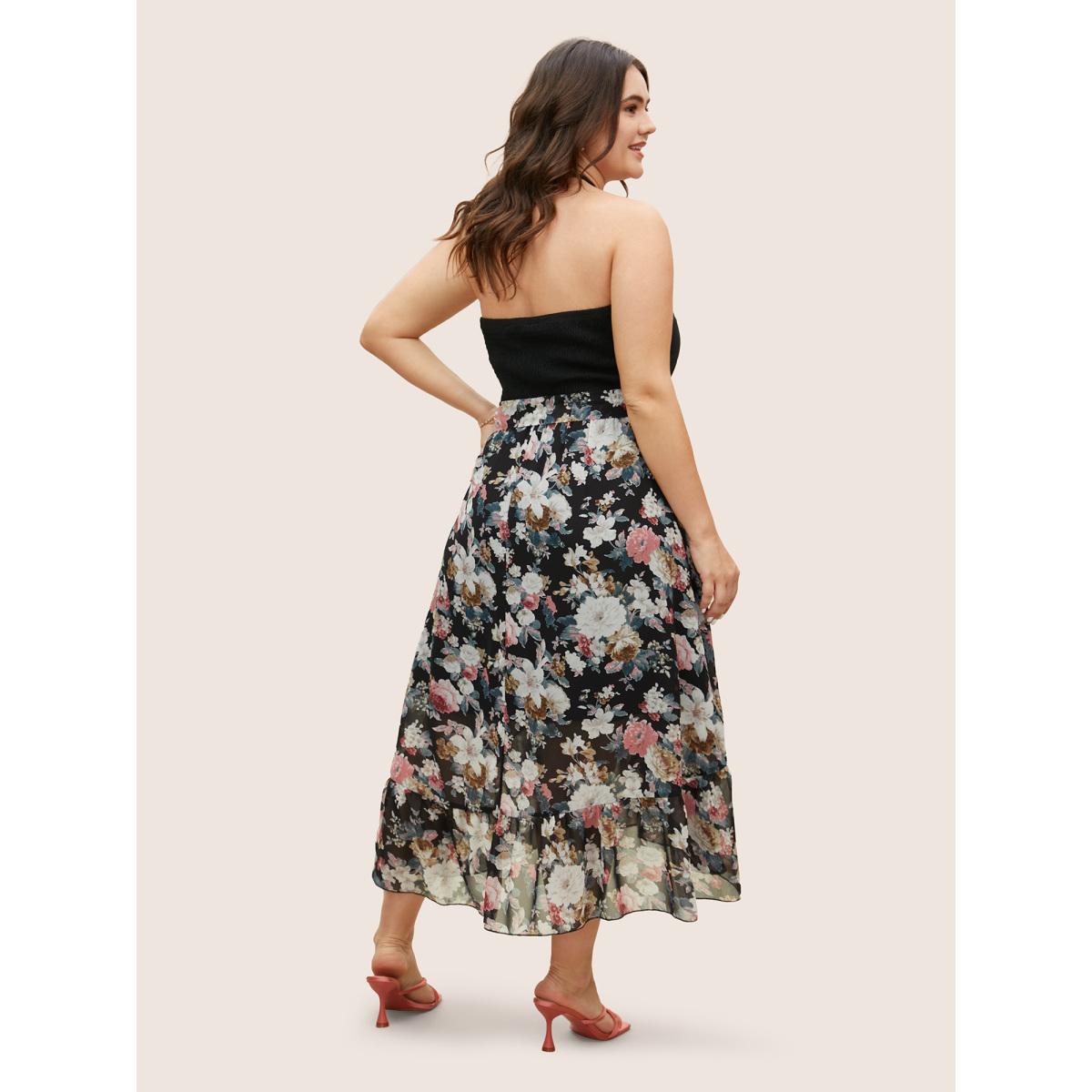 Plus Size Halter Neck Patchwork Floral Belted Dress Black Women Elegant Halter neck Sleeveless Curvy BloomChic 26/4X Product Image