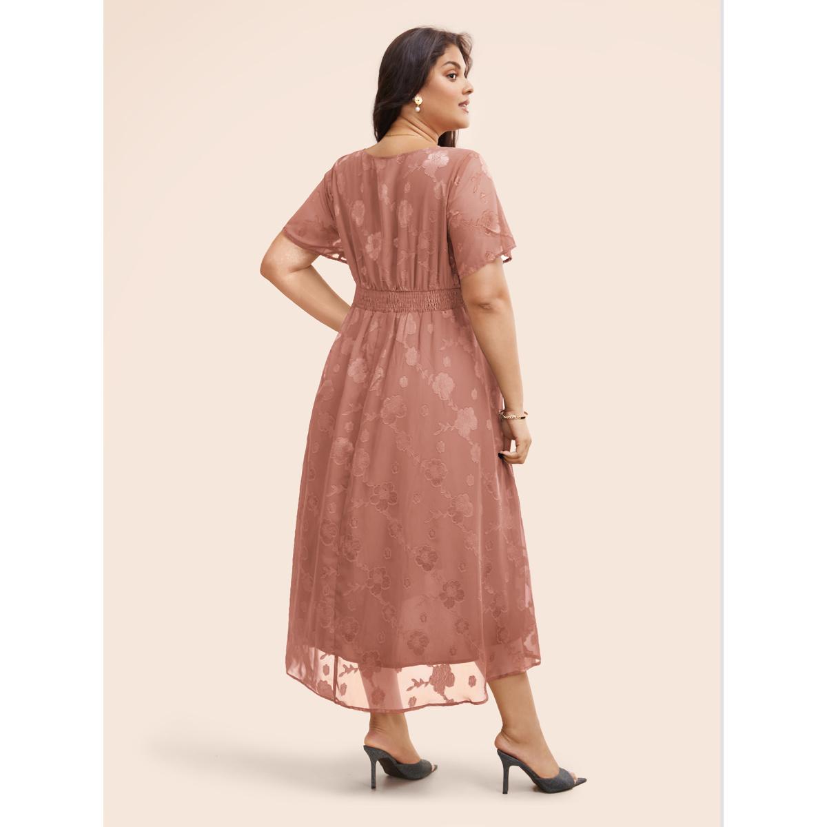 Plus Size Heart Neck Floral Mesh Textured Dress Crepe Women Elegant Texture Heart neckline Short sleeve Curvy BloomChic 22-24/3X Product Image