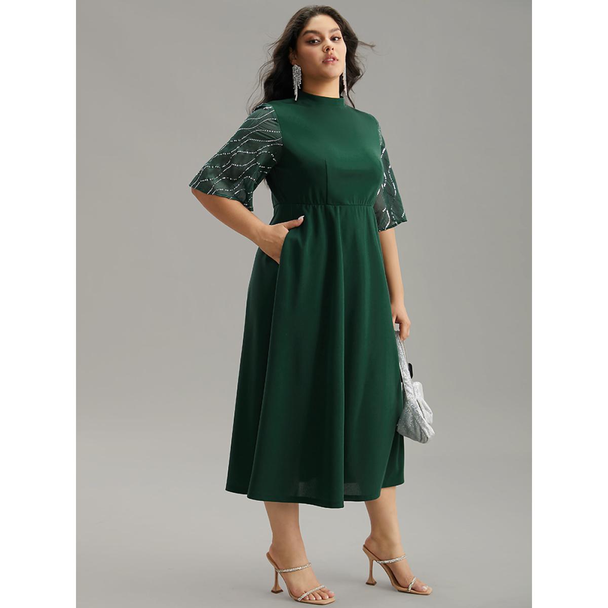 Plus Size Plain Mesh Sequin Patchwork Ruffle Sleeve Dress DarkGreen Women Party Sequin Stand-up collar Short sleeve Curvy Midi Dress BloomChic 14-16/1X Product Image
