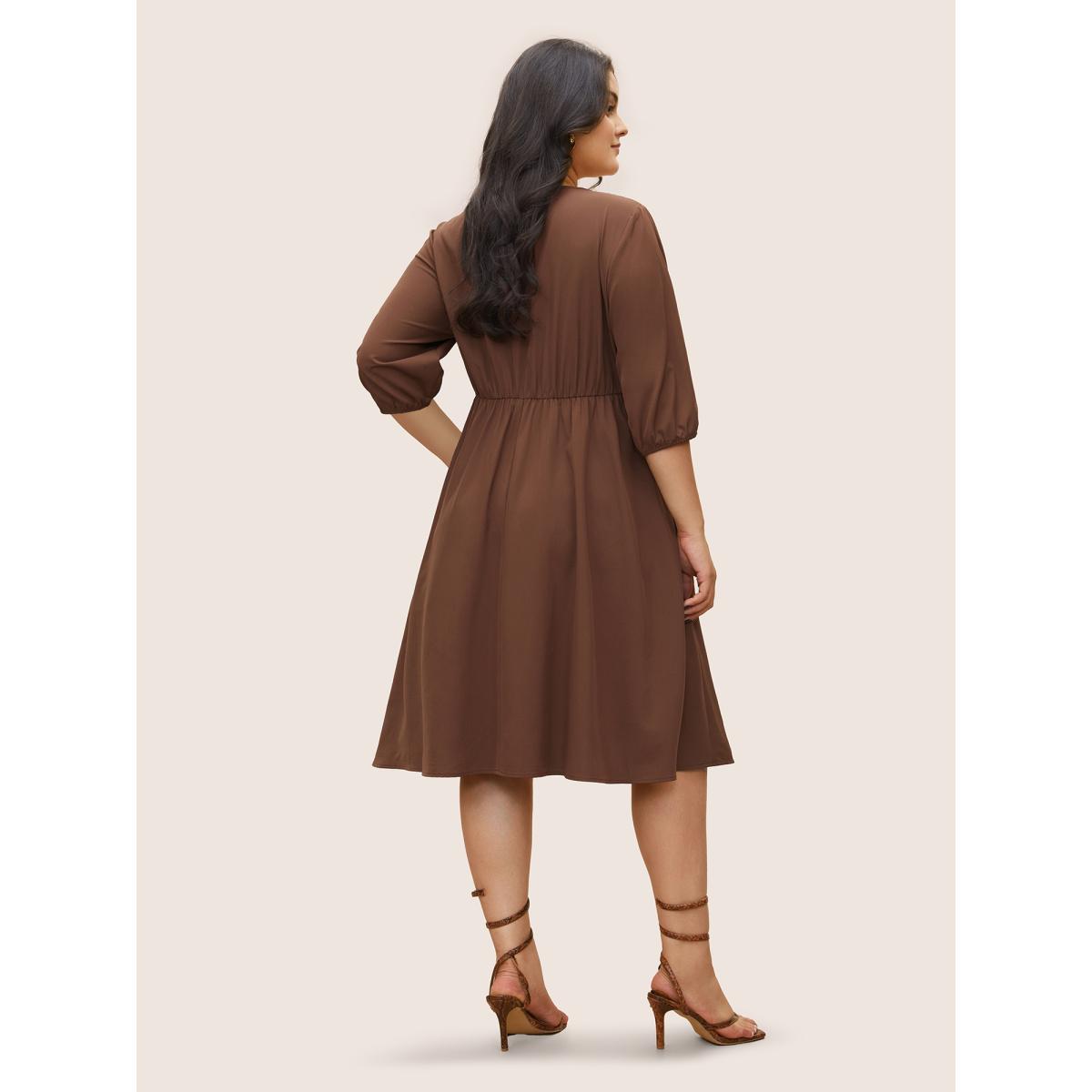 Plus Size Solid Pleated Button Detail Lantern Sleeve Dress DarkBrown Women At the Office Non V-neck Elbow-length sleeve Curvy Midi Dress BloomChic 14-16/1X Product Image