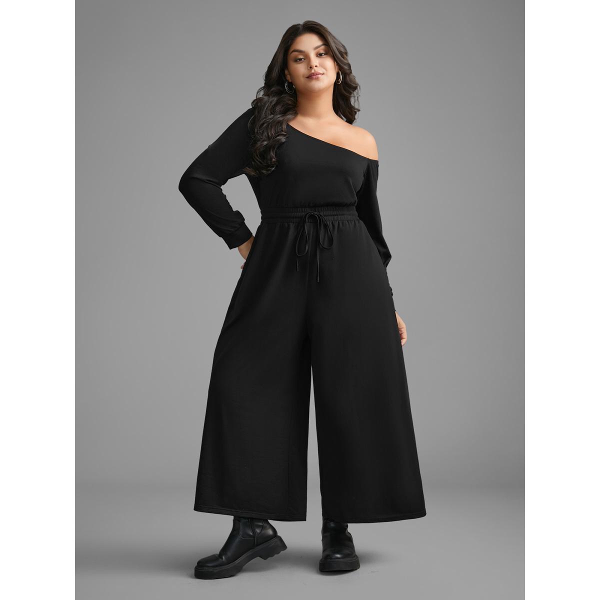Plus Size Black Textured Sheer Hollow Sleeves Jumpsuit Women Casual Long Sleeve Asymmetrical Neck Everyday Loose Jumpsuits BloomChic 28/5X Product Image