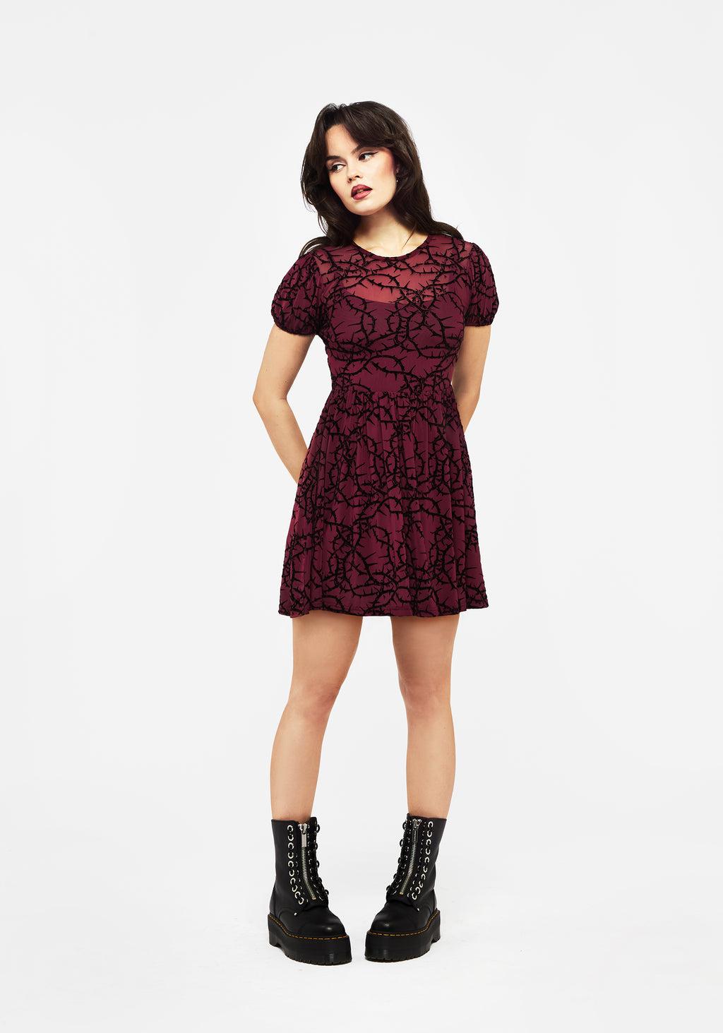 Prickle Thorn Print Mesh Puff Sleeve Mini Dress Product Image